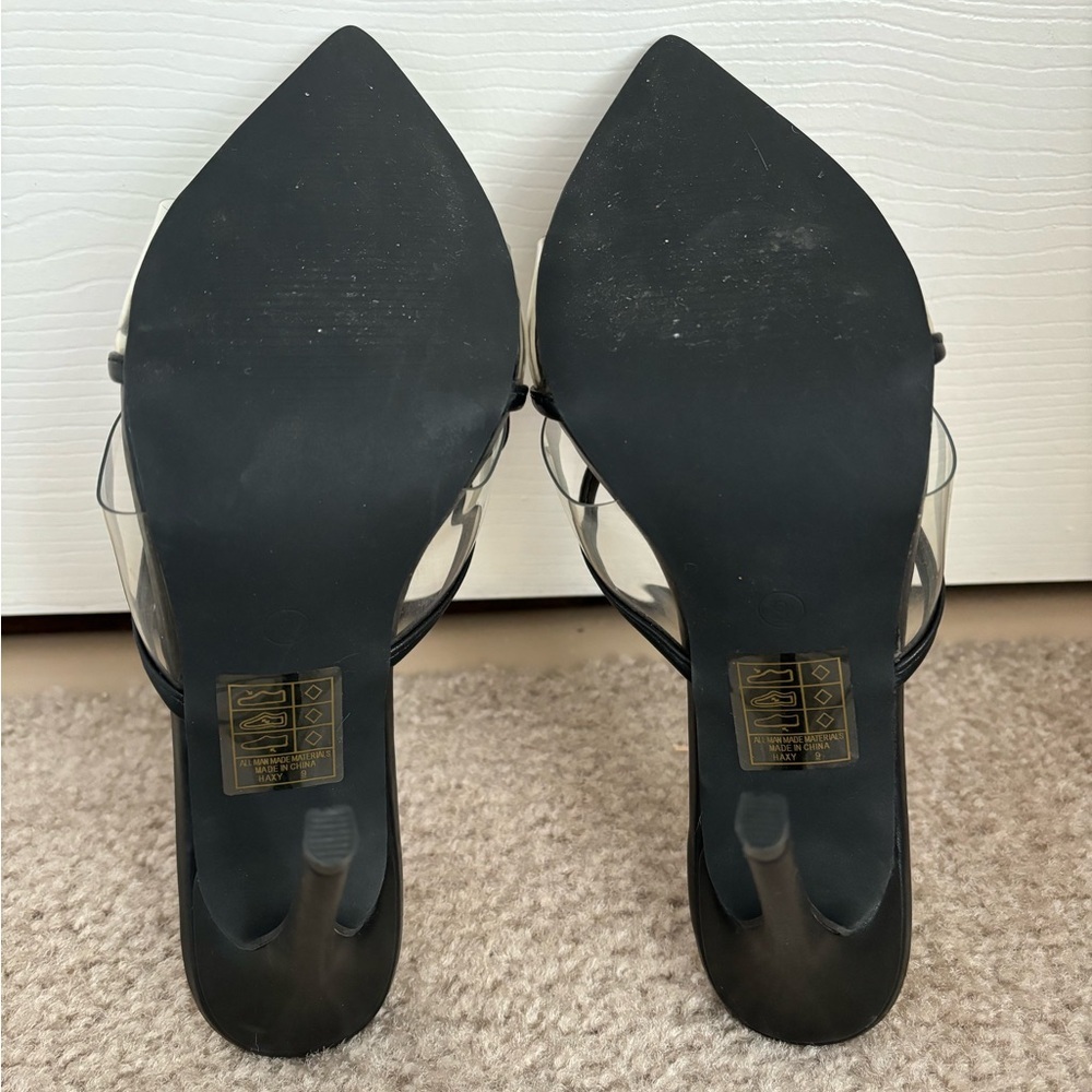 NWOT Lulus Haxy Black Vinyl Pointed-Toe Bow High Heel Sandals - Picture 12 of 14